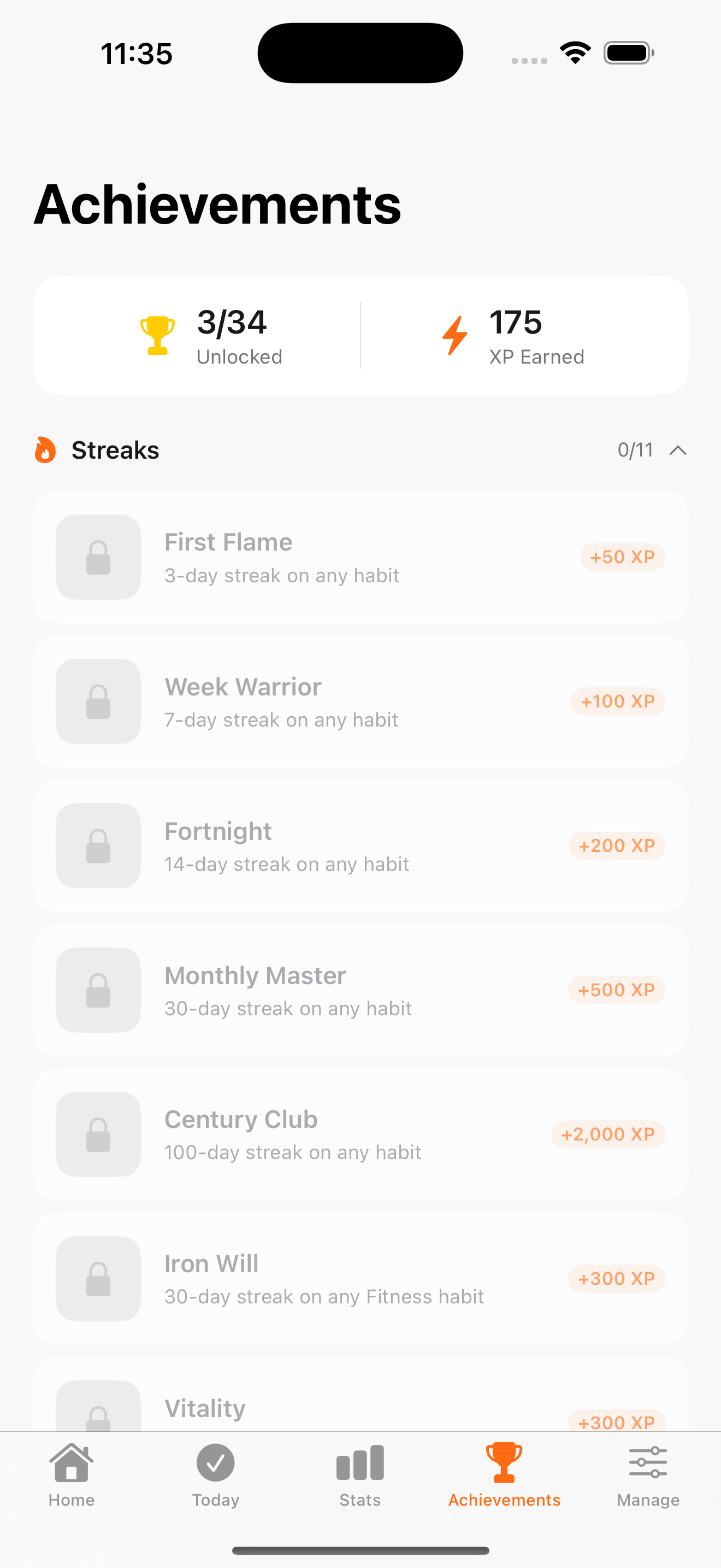 Habitave achievements screen